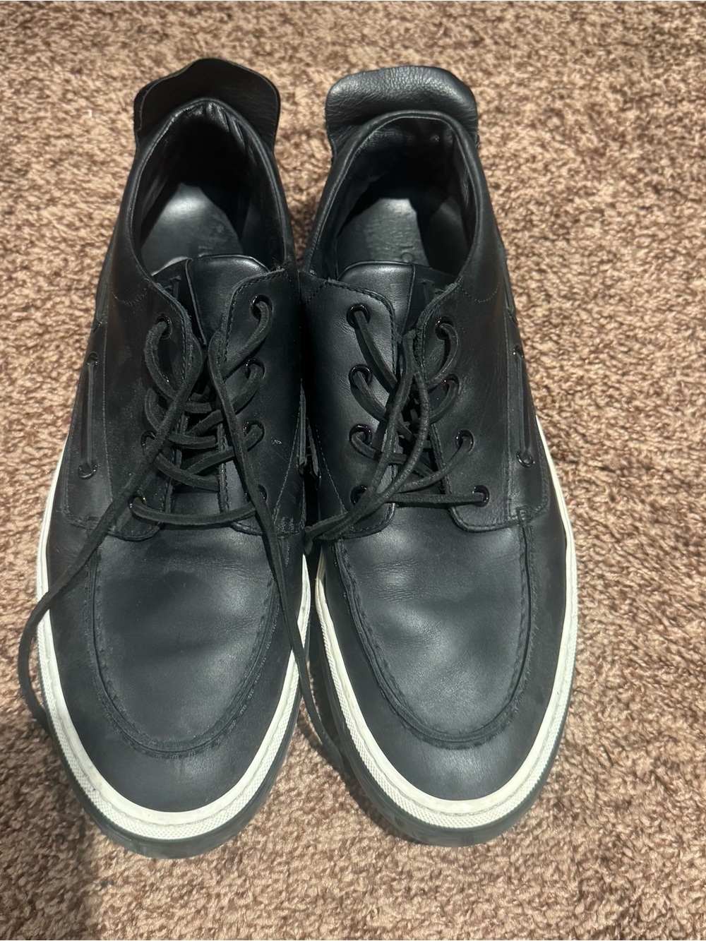Louis Vuitton Black Leather Boat Shoes with White Trim
